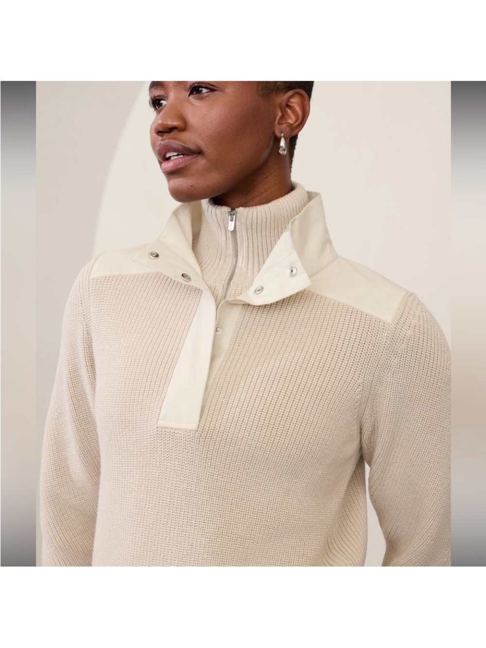Athleta  Hanover Hybrid Cream Knit Zip-Neck Sweater
